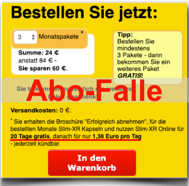 Screenshot der Abo-Falle von der Website Slim XR Abo Falle