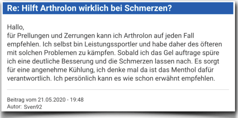 Ein weiterer Erfahrungsbericht aus einem Forum Arthrolon Erfahrungsbericht Bewertung Kritik Arthrolon Joint Care Gel