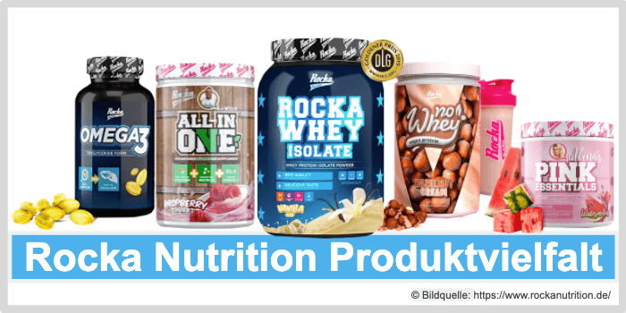 Verschiedene Produkte zu sehen Rocka Nutrition Produktvielfalt