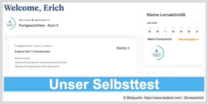 Screenshot unseres Babbel Kontos Babbel Selbsttest