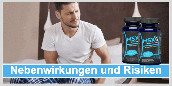 Mann sitzt mit verzogenem Gesicht auf dem Bett und hält die Hand vor den Bauch MSX6 Nebenwirkungen Risiken