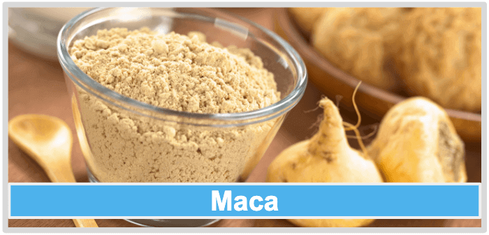 Maca Knolle und Pulver zu sehen. Viagra Alternative Maca