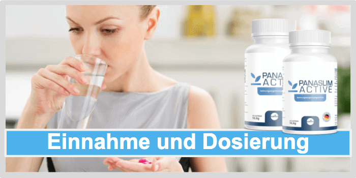 Frau trinkt ein Glas Wasser und hält Tabletten in der Hand Panaslim Einnahme Dosierung Anwendung