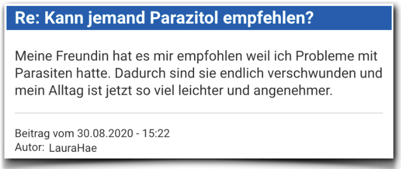 Ein weiterer positiver Erfahrungsbericht aus einem Forum Parazitol Erfahrungsbericht Bewertung Parazitol