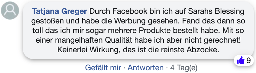 Ein negativer Erfahrungsbericht Sarahs Blessing Erfahrungsberichte Kritik facebook