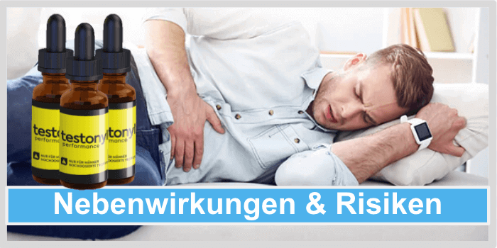 Mann liegt mit Schmerzen auf dem Sofa und hält die Hand an den Bauch Testonyl Nebenwirkungen Risiken