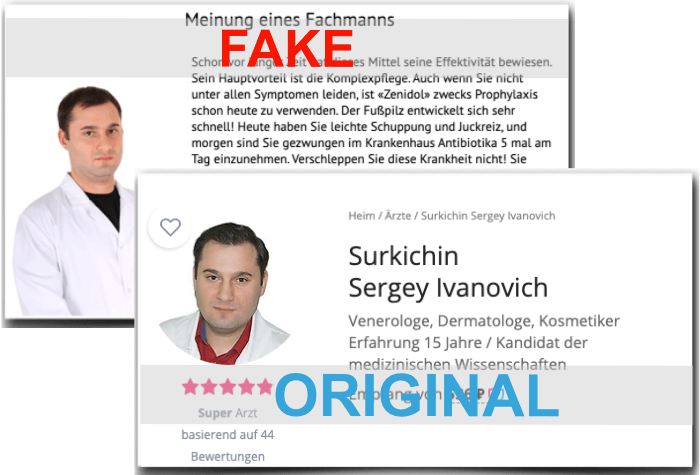 Fake Arztbericht und das original Foto von Sergey Ivanovich Zenidol Fake Arzt
