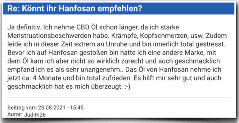 Ein positiver Erfahrungsbericht aus einem Forum Hanfosan Erfahrungsbericht Bewertung Erfahrungen