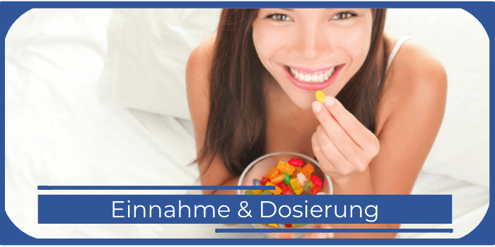 Frau hat eine Schüssel mit Gummibärchen in der Hand CBD Fruchtgummis Einnahme Dosierung Anwendung