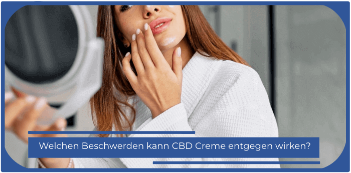 Frau cremt ihr Gesicht ein CBD Creme Akne Neurodermitis Schuppenflechte Falten