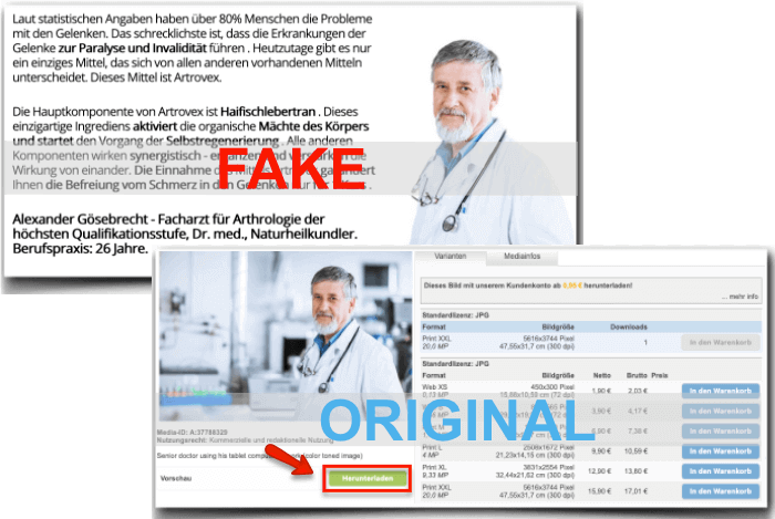 Fake Arztbericht und das original Foto Artrovex Fake Arztbericht