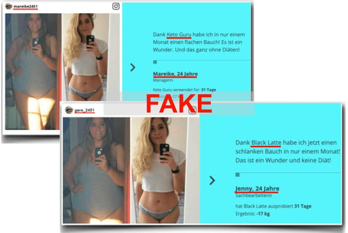 Fake Erfahrungsberichte mit identischem Bild jedoch unterschiedlichen Namen zu sehen Black Latte Fake Erfahrungsbericht