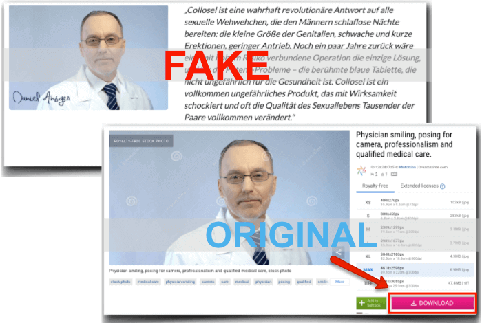 Fake Expertenbericht und original Foto zu sehen Collosel Fake Experte
