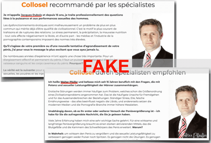 Fake Spezialisten-Meinungen, mit identischen Bildern jedoch unterschiedlichen Namen Collosel Fake Spezialisten Meinung