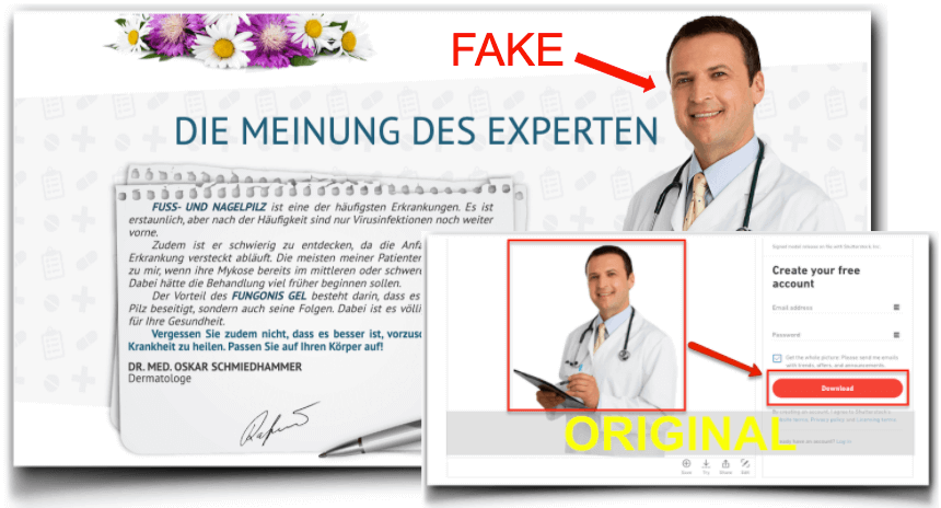 Beweis, dass es sich um einen gefälschten Expertenbeitrag handelt Fungonis Gel Fake Experte