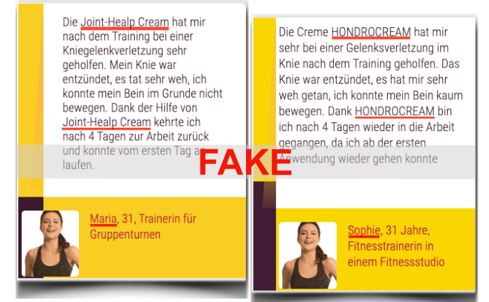 Erfahrungsberichte mit identischen Bildern jedoch unterschiedlichen Namen Hondrocream Erfahrungsbericht Fake