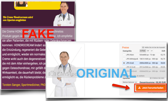 Fake Arztbericht und das original Foto aus einer Bilddatenbank Hondrocream Fake Arzt
