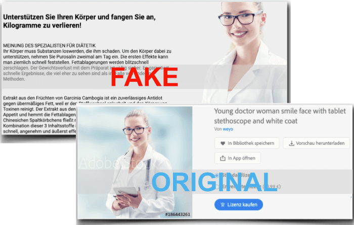 Fake Arztbericht und das original Foto aus einer Bilddatenbank Purosalin Fake Arzt