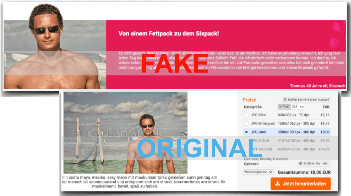 Fake Erfahrungsbericht und das original Foto aus einer Bilddatenbank Purosalin Fake Erfahrungsbericht