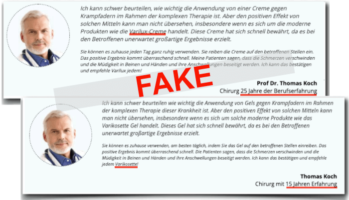 Fake Arztbericht von Varilux-Creme und Varikosette Varikosette Fake Arzt