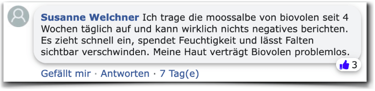 Ein positiver Erfahrungsbericht aus einem Facebook Kommentar Biovolen Moossalbe Erfahrungsberichte Kritik Erfahrung