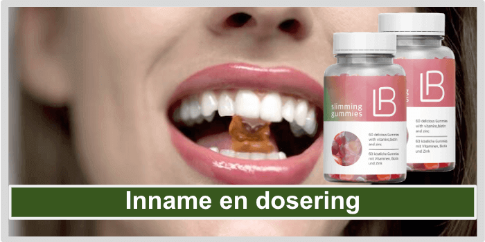 Vrouw heeft een gummibeer in haar mond LB Slimming Gummies Inname en dosering