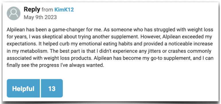 A positive customer review from a forum Alpilean reviews review customer review