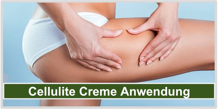 Eine Frau, die die Haut an ihrem Oberschenkel zusammendrückt Cellulite Creme Anwendung Bild