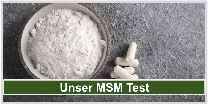 Eine Schale Pulver und daneben Kapseln MSM Test Bild