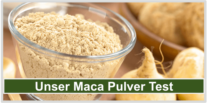 Eine Glasschale voller Macapulver mit Maca Knollen Maca Pulver Test Bild
