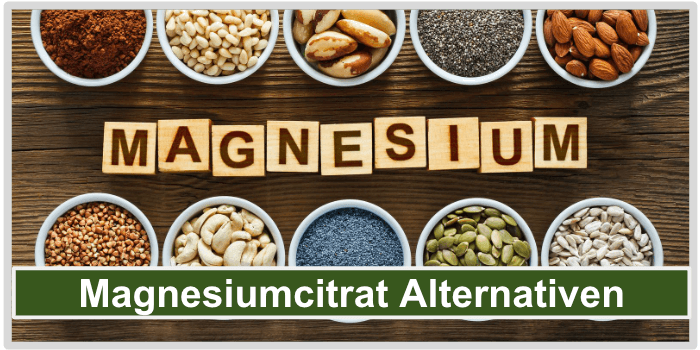 Viele verschiede magnesiumhaltige Lebensmittel und das Wort Magnesium Magnesiumcitrat Alternativen Bild